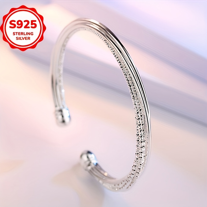 Women's 925 Sterling Silver Twisted Line Open Bangle Bracelet
